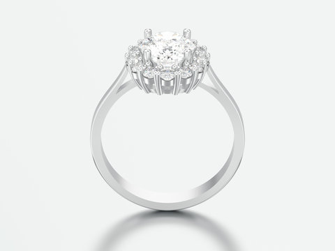 3D illustration silver oval halo diamond engagement wedding ring