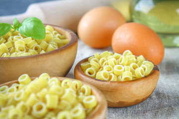 Ditalini macaroni. Pasta rings. Tubettini and thimbles. Anellini.