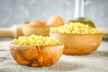 Ditalini macaroni. Pasta rings. Tubettini and thimbles. Anellini.