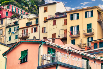Fototapeta premium Homes in cliffside Cinque Terra village of Manarola (Italy).