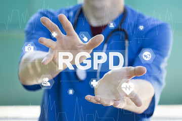 Doctor on blurred background using digital GDPR icon interface healthcare