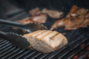 Salmon Steak Bluefin Being Prepared in Josper