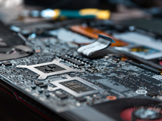 Laptop Motherboard Closeup Shot Showing the CPU and GPU