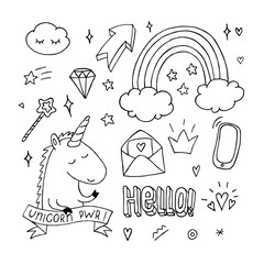 Unicorn coloring book set. Doodle rainbow star crown. Black and white, monochrome. Page for children and kids. Set collection. Hand drawn design for T-shirt print fabric textile birthday greeting card