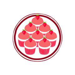 Berry muffin. Strawberry cupcake on a plate. Vector illustration of cafe menu, bakery. Hand drawn sweet dessert.