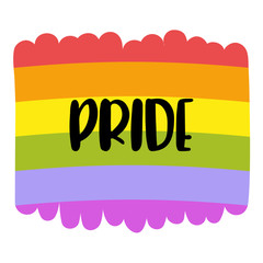 Gay Pride lettering on a rainbow flag, homosexuality emblem isolated on white. LGBT rights concept.