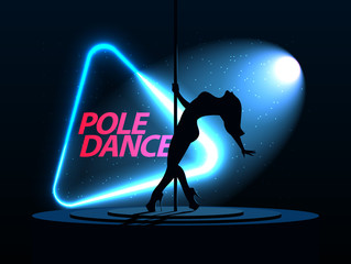 Pole Dance. Silhouette of a girl. Neon triangle. A directional beam of light from the searchlight is shining. Erotic dancing. Vector illustration