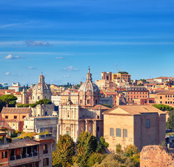 Beautiful view of Roman Forum and church cupola in Rome, Italy
