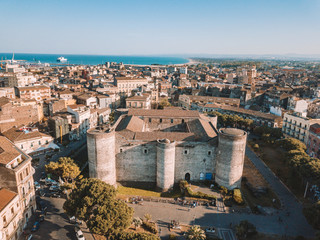Aerial view of the Civic Museum at the Castello Ursino in Catania, Sicily with the sea on the horizon.