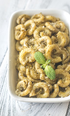 Bowl of pasta with pesto sauce