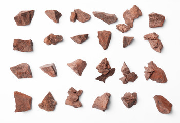 Composition with delicious chocolate chunks on white background