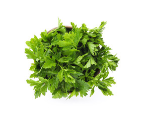 Bowl with fresh green parsley on white background, top view