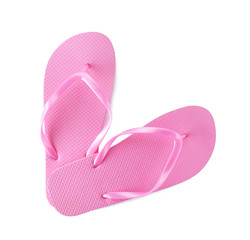 Bright flip flops on white background. Beach object