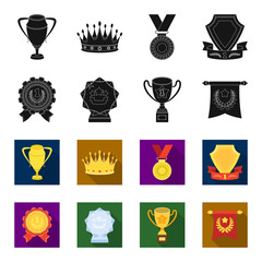 An Olympic medal for the first place, a crystal ball, a gold cup on a stand, a red pendant.Awards and trophies set collection icons in black,flet style vector symbol stock illustration web. © pandavector