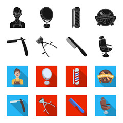 A razor, a mechanical hair clipper, an armchair and other equipment for a hairdresser.Barbershop set collection icons in black,flet style vector symbol stock illustration web. © pandavector