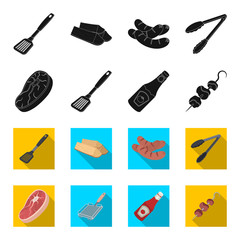 Raw meat steak, grill with handle, bottle of ketchup, shish kebab.BBQ set collection icons in black,flet style vector symbol stock illustration web. © pandavector
