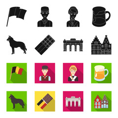 Chocolate, cathedral and other symbols of the country.Belgium set collection icons in black,flet style vector symbol stock illustration web. © pandavector
