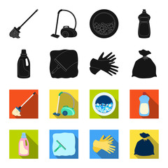 Gel for washing in a pink bottle, yellow gloves for cleaning, a brush for glass, a black bag for garbage or waste. Cleaning set collection icons in black,flet style vector symbol stock illustration © pandavector