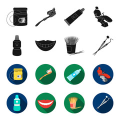 Dental sterile liquid in the jar, lips, teeth, toothpicks in the jar, medical instruments for the dentist. Dental care set collection icons in black,flet style vector symbol stock illustration web. © pandavector