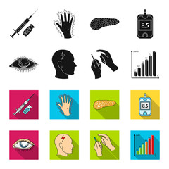 Poor vision, headache, glucose test, insulin dependence. Diabetic set collection icons in black,flet style vector symbol stock illustration web. © pandavector