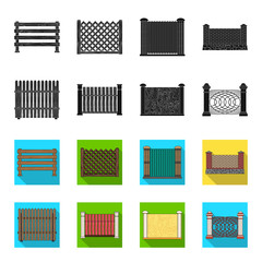 A fence of metal and bricks,wooden palisade. A different fence set collection icons in black,flet style vector symbol stock illustration web. © pandavector