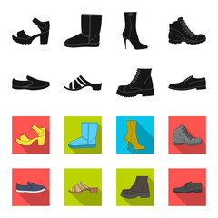 A set of icons on a variety of shoes.Different shoes single icon in black,flet style vector web symbol stock illustration. © pandavector