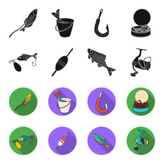 Fishing, fish, catch, hook .Fishing set collection icons in black,flet style vector symbol stock illustration web. © pandavector