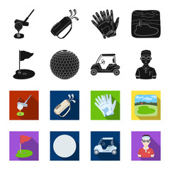 Field with a hole and a flag, a golf ball, a golfer, an electric golf cart.Golf club set collection icons in black,flet style vector symbol stock illustration web. © pandavector