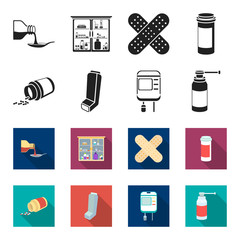 Tablets, inhaler, container with blood, spray.Medicine set collection icons in black,flet style vector symbol stock illustration web. © pandavector