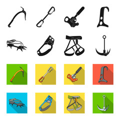 Hook, mountaineer harness, insurance and other equipment.Mountaineering set collection icons in black,flet style vector symbol stock illustration web. © pandavector
