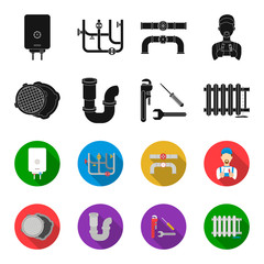 Sewage hatch, tool, radiator.Plumbing set collection icons in black,flet style vector symbol stock illustration web. © pandavector