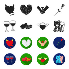 Glasses with wine, chocolate hearts, bears, valentine.Romantik set collection icons in black,flet style vector symbol stock illustration web. © pandavector