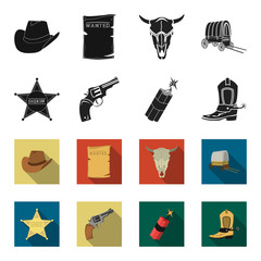 Star sheriff, Colt, dynamite, cowboy boot. Wild West set collection icons in black,flet style vector symbol stock illustration web. © pandavector