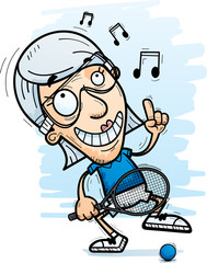 Cartoon Senior Racquetball Player Dancing