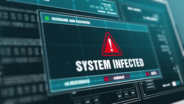 System Infected Alert Message on Screen , Computer Screen Entering System Login And Password Logging into Showing progress granted System Security Warning  Message .
