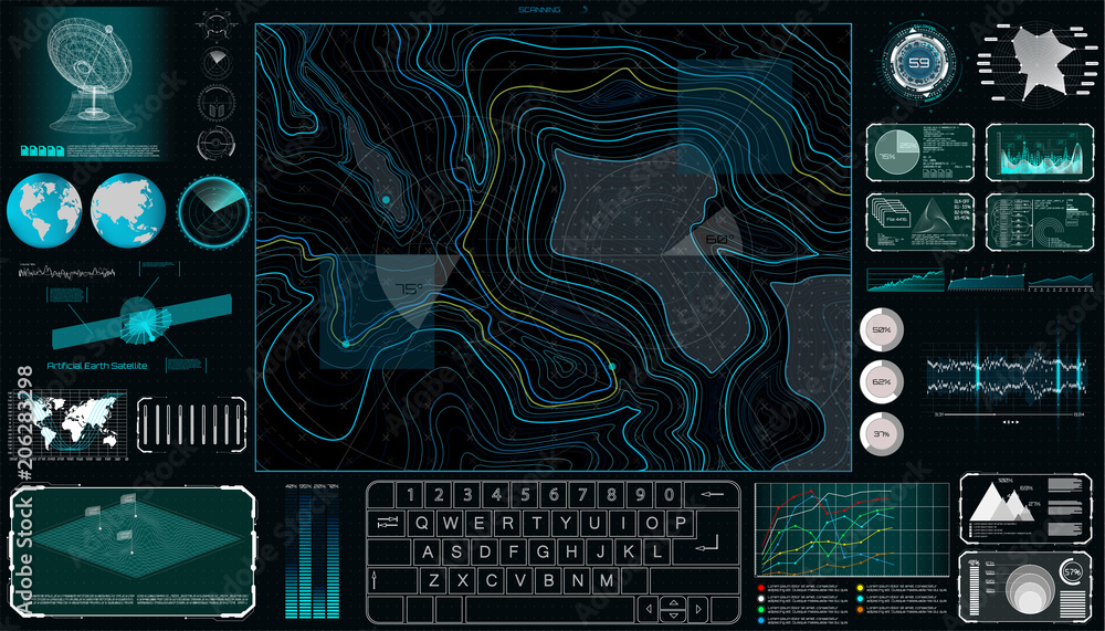 Poster Command Center Screen in HUD style. Topographic Map, Contour. Futuristic Interface   Elements and Earth Landscape Scanning. Concept of a Conditional Geography Scheme in HUD Style. Vector Elements Set