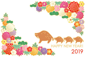 花　いのしし年　2019年賀状