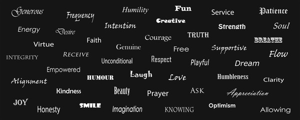 Multiple words written in white type on black background intending affirmations for postive lifestyle.