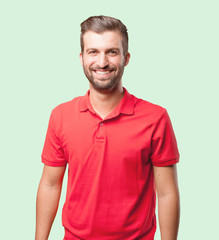 young handsome man, red polo shirt . person isolated against monochrome background