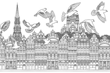 Naklejka premium Birds over Brussels - hand drawn black and white illustration of the city with a flock of pigeons