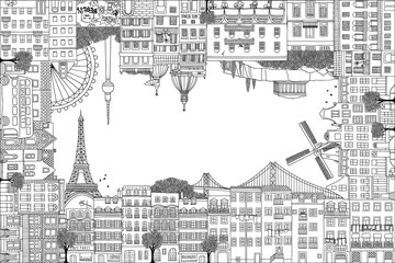 Greeting card frame with hand drawn houses of Paris, Lisbon, Amsterdam, Athens, Rome, Berlin and London
