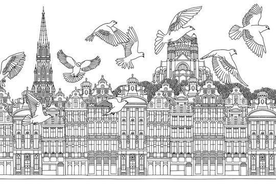 Birds over Brussels - hand drawn black and white illustration of the city with a flock of pigeons