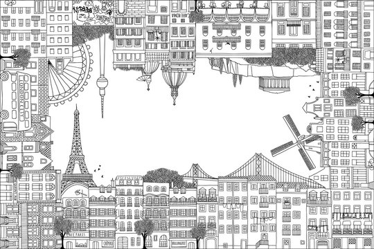 Greeting card frame with hand drawn houses of Paris, Lisbon, Amsterdam, Athens, Rome, Berlin and London
