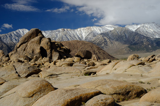 The Rugged and carved granite boulders of Alabama Hills outside of the Eastern Sierra Mountains and Mt Whitney Eastern California
