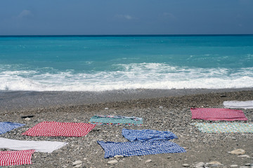 Towels on the beach. Sea, vacation, relaxation