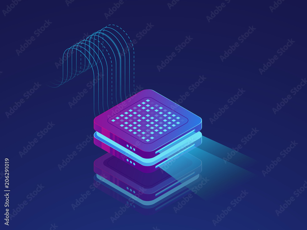 Poster set of server room icons, data center and database, futuristic data prcessing, cloud storage