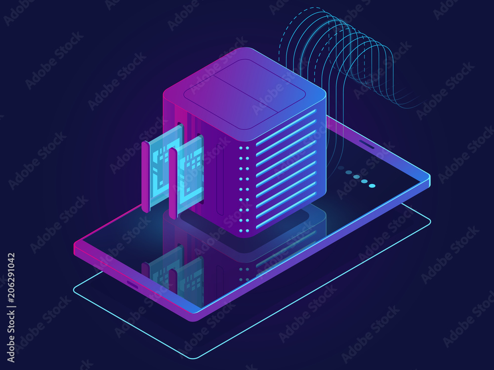 Poster set of server room icons, data center and database, futuristic data prcessing, cloud storage