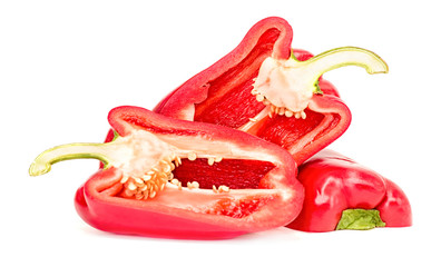 red bell pepper halves isolated on white background with clipping path