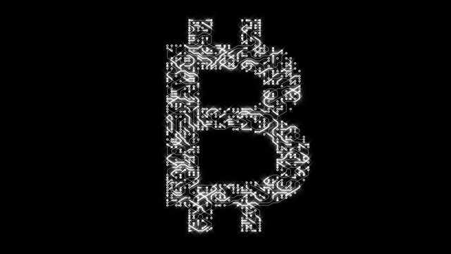 4k a futuristic circuit board with moving electrons shaped bitcoin currency sign,block chain,abstract electronic connections,Cripto currency bitcoin.Global internet finance,worldwide.