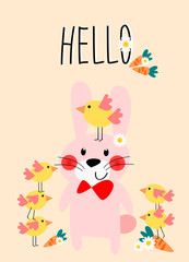Cute bunny with hello background for greetings card theme.
